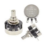 RV24YN20SB103 10k Ohm Single Turn Potentiometer - Round Shaft - Carbon Film - three silver and black round potentiometer units with metal shafts, solder lugs, and labeled terminals.