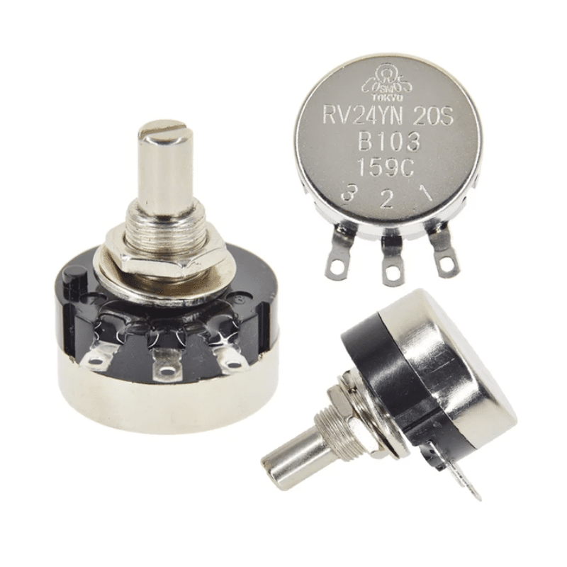 RV24YN20SB103 10k Ohm Single Turn Potentiometer - Round Shaft - Carbon Film - three silver and black round potentiometer units with metal shafts, solder lugs, and labeled terminals.