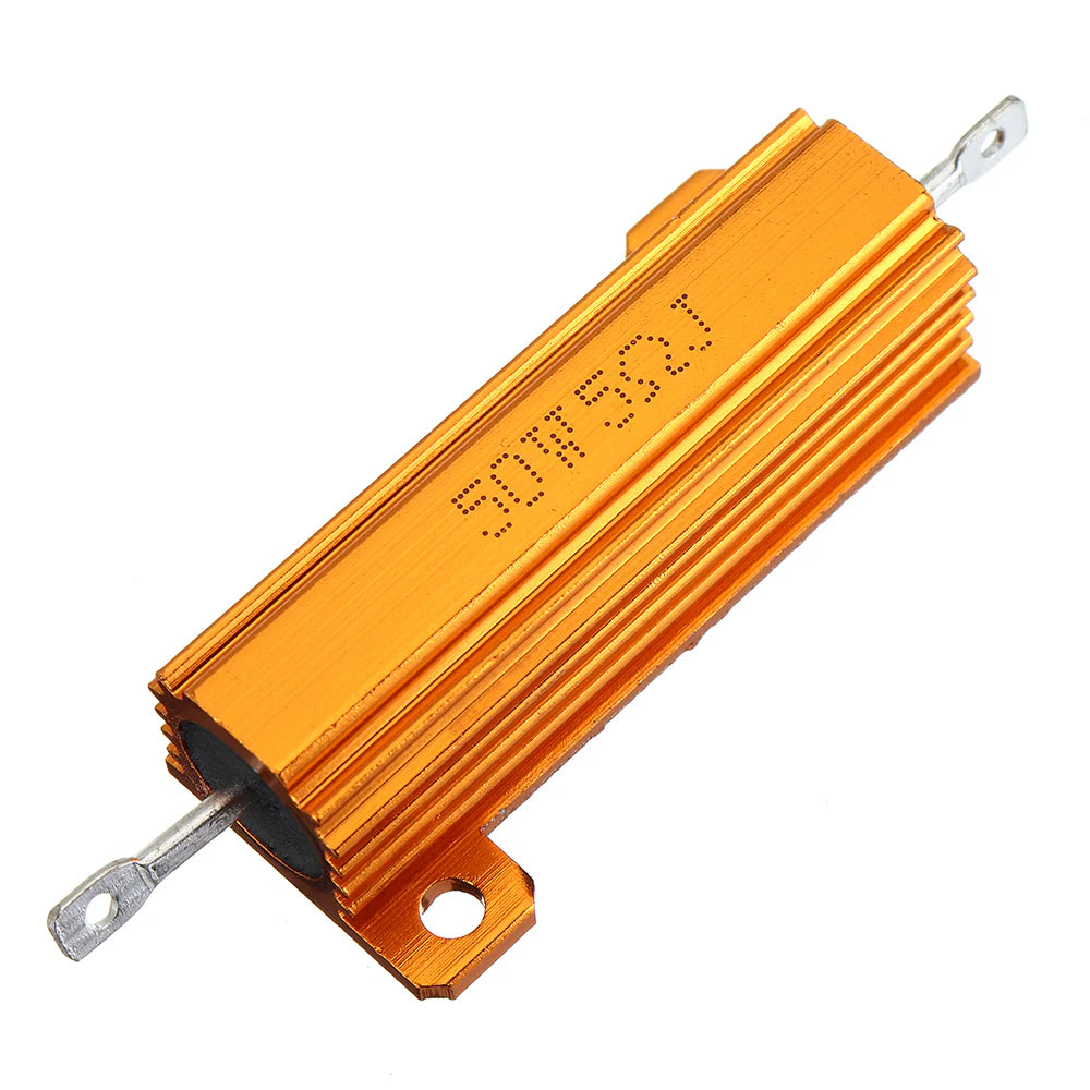 RX24-50W Gold Aluminum Shell High Power Resistor 50W 5R 5RJ 5 ohms 50 Watts - a gold-colored, rectangular, finned metal resistor with two metal terminal leads and a mounting tab.