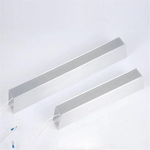 RXLG 80W 20RJ Aluminum Housed Power Resistor | Digilog.pk - two silver, rectangular, finned metal resistors with white wire leads and blue crimp connectors.