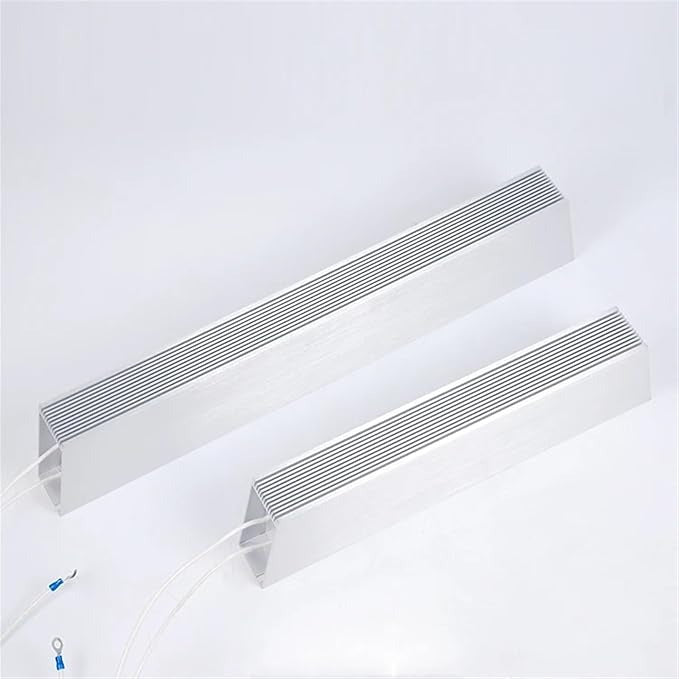 RXLG 80W 20RJ Aluminum Housed Power Resistor | Digilog.pk - two silver, rectangular, finned metal resistors with white wire leads and blue crimp connectors.
