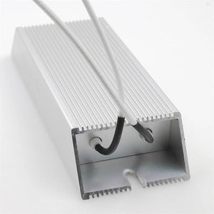RXLG 80W 20RJ Aluminum Housed Power Resistor | Digilog.pk - shown as a silver, rectangular, finned metal component with two white lead wires extending from one end.