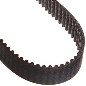 s2m 116 timing belt - shown as a black, flexible, toothed rubber loop curved against a white background.