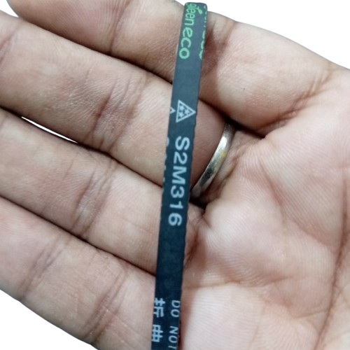S2M Timing Belt 316 - a black rubber belt with green text, held in a person's hand showing a close-up of the printed model number and branding.