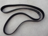 S5M1420 Timing Belt - a black, toothed rubber belt looped in a figure-eight shape on a light-colored surface with visible white text markings.