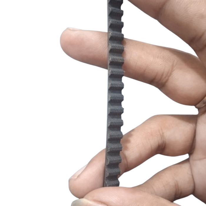 S5M1420 Timing Belt - a close-up view of a black, toothed rubber belt being held vertically by a hand.