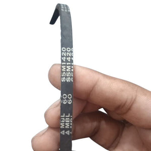 S5M1420 Timing Belt - a close-up showing a black rubber belt held by fingers with the text "MBL 60 S5M1420" printed in white on its surface.