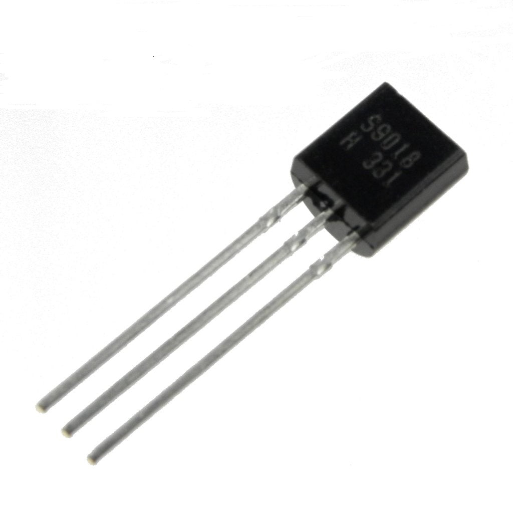 S9018 Transistor J8 NPN 18V 50mA 200mW TO-92 – General Purpose Amplifier & Switch - a black TO-92 package electronic component with three metal pins and the text "S9018 H 331" printed on its face.