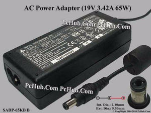 Sadp-65KB AC Adapter- Laptop 19V 3.42A, 5.5/2.1mm Jack On Output - a black rectangular power brick with a cord, a barrel connector, and a diagram showing a 2.1mm internal and 5.5mm external diameter.