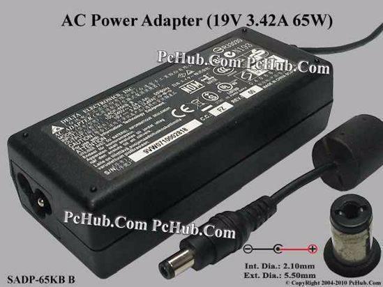 Sadp-65KB AC Adapter- Laptop 19V 3.42A, 5.5/2.1mm Jack On Output - a black rectangular power brick with a cord, a barrel connector, and a diagram showing a 2.1mm internal and 5.5mm external diameter.