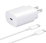 Samsung 25W Type c Fast Charger With Type c To Type c Cable - High Quality - a white wall adapter with a USB-C port and a white USB-C to USB-C cable.