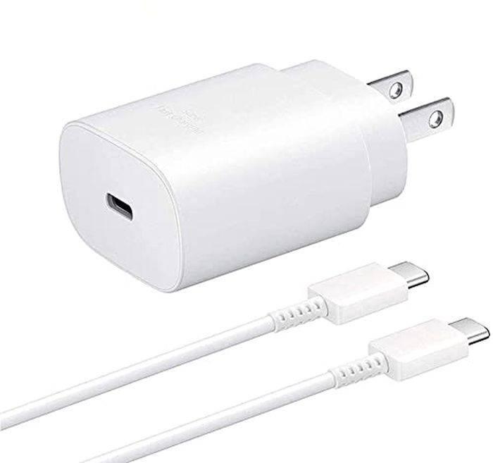 Samsung 25W Type c Fast Charger With Type c To Type c Cable - High Quality - a white wall adapter with a USB-C port and a white USB-C to USB-C cable.