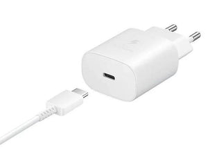 Samsung 25W Type c Fast Charger With Type c To Type c Cable - High Quality - white Type C to Type C cable, featuring a white wall adapter with a single USB-C port.