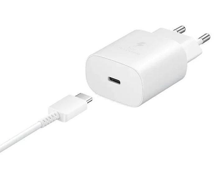 Samsung 25W Type c Fast Charger With Type c To Type c Cable - High Quality - white Type C to Type C cable, featuring a white wall adapter with a single USB-C port.