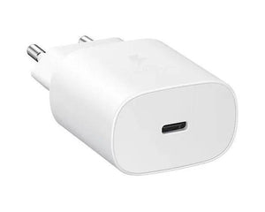 Samsung 25W Type c Fast Charger With Type c To Type c Cable - High Quality - a white power adapter with a single USB-C port on the front and a two-pin plug on the back.