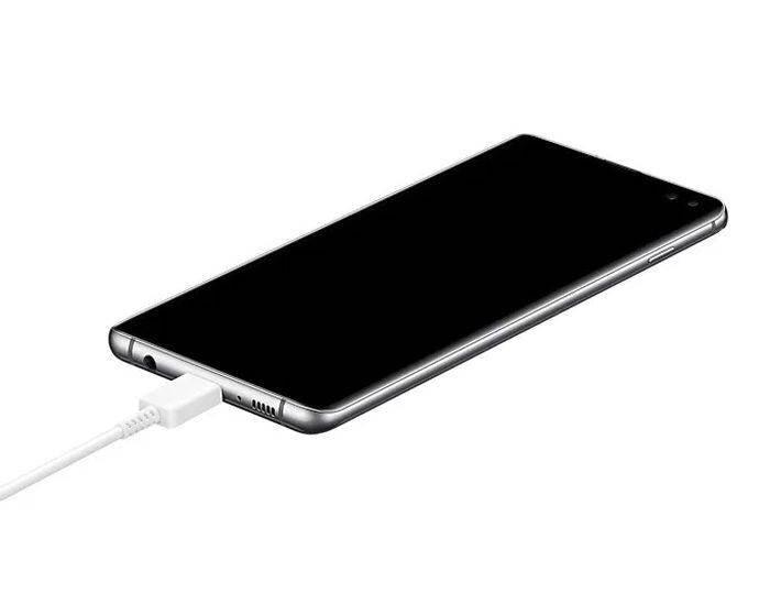 Samsung 25W Type c Fast Charger With Type c To Type c Cable - High Quality - shown as a black smartphone connected to a white USB-C cable.