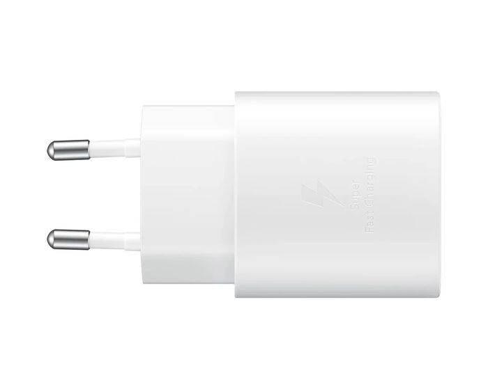 Samsung 25W Type c Fast Charger With Type c To Type c Cable - High Quality - a white, rectangular wall adapter with two round metal prongs and a visible Super Fast Charging logo on its side.