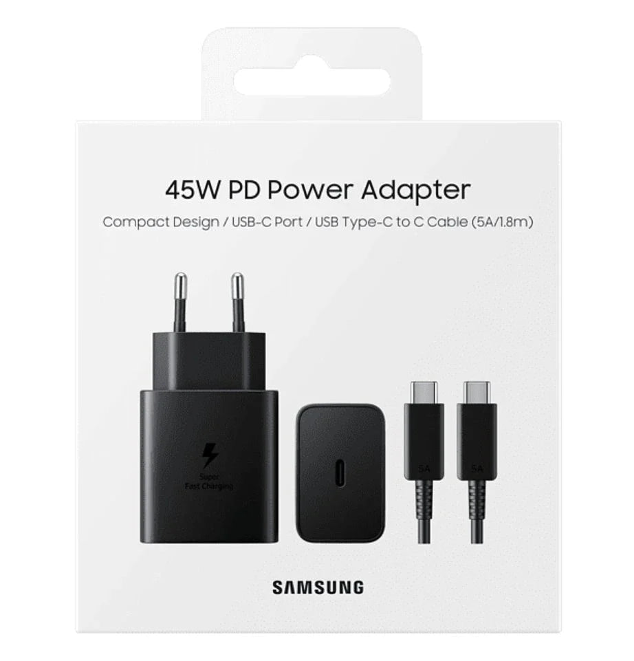 Samsung 45W Pd Adapter With Type c To Type c Cable HIGH Copy - a black wall charger with a USB-C port and a black USB-C to USB-C cable.