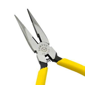 Santus St502 Needle Nose Plier Needle Nose Plier - a metal tool with long, thin serrated jaws and yellow rubber-coated handles, shown against a white background.