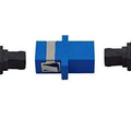 Sc Upc Adapter Connector Simplex Single Mode Plastic Fiber Optic Adapter/connector - shown with two black protective caps removed from its ports.