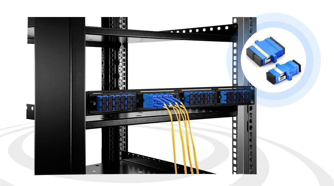 Sc Upc Adapter Connector Simplex Single Mode Plastic Fiber Optic Adapter/connector - shown installed in a black server rack patch panel with blue connectors.