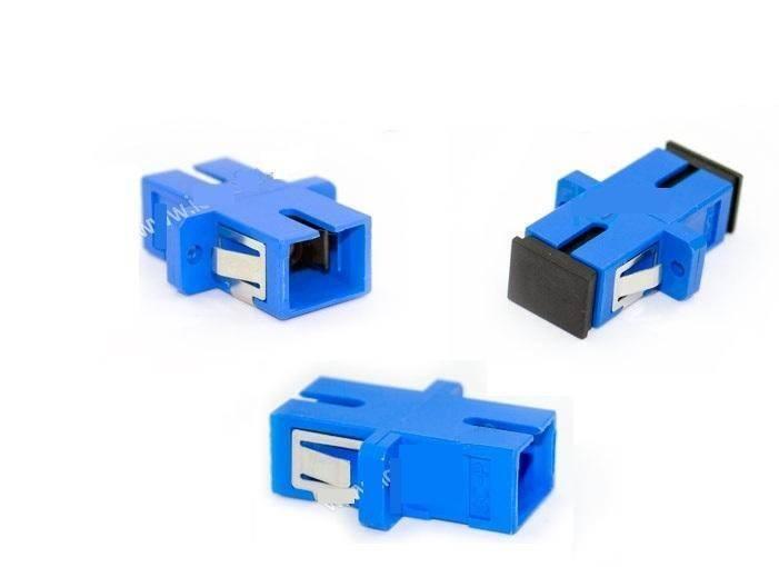 Sc Upc Adapter Connector Simplex Single Mode Plastic Fiber Optic Adapter/connector - shown from different angles, one with a black protective cap.