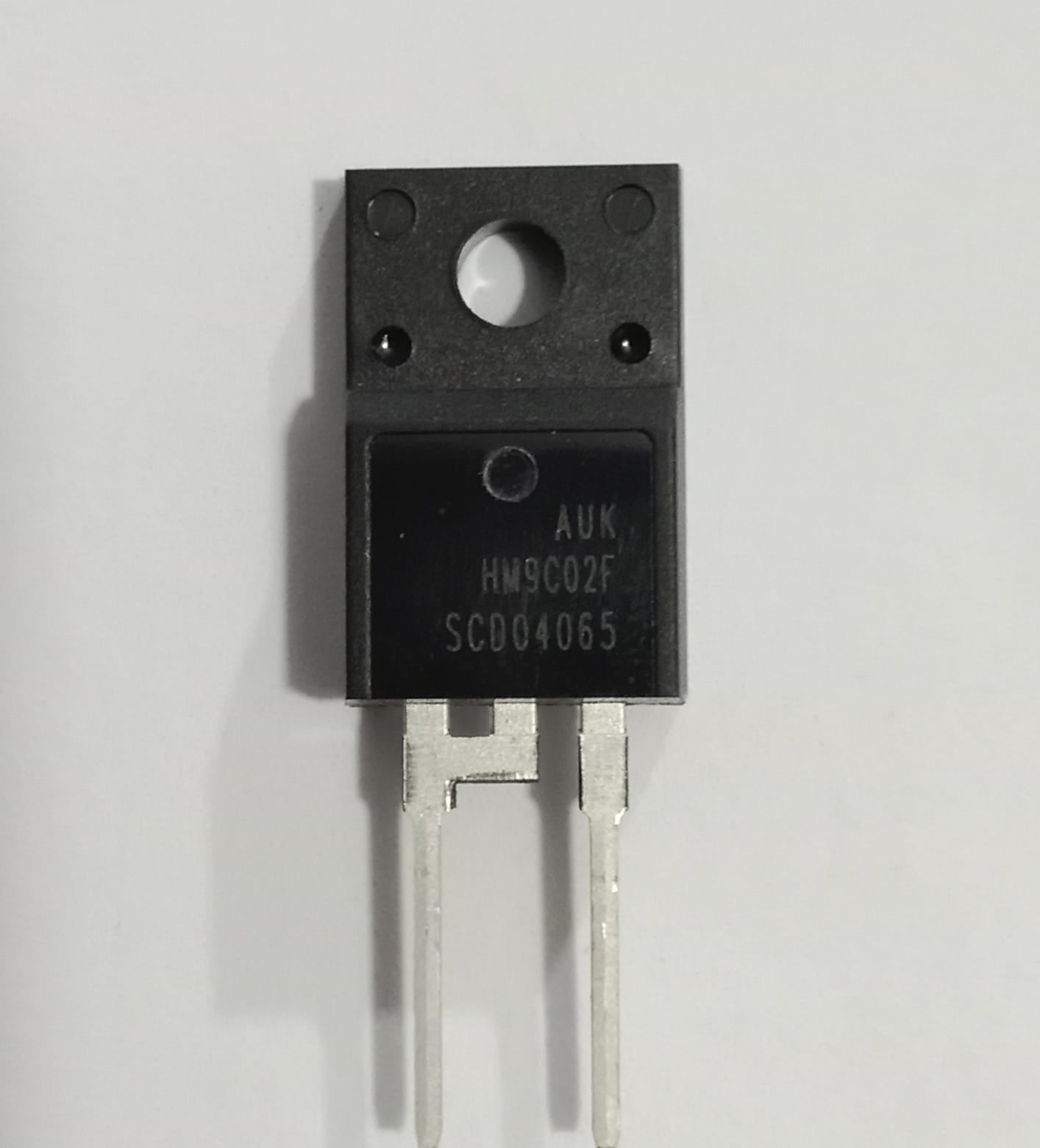 SCD04065 650V 4A Silicon Carbide Schottky Diode - a black TO-220-2 electronic component with two metal pins and a mounting hole on a white background.
