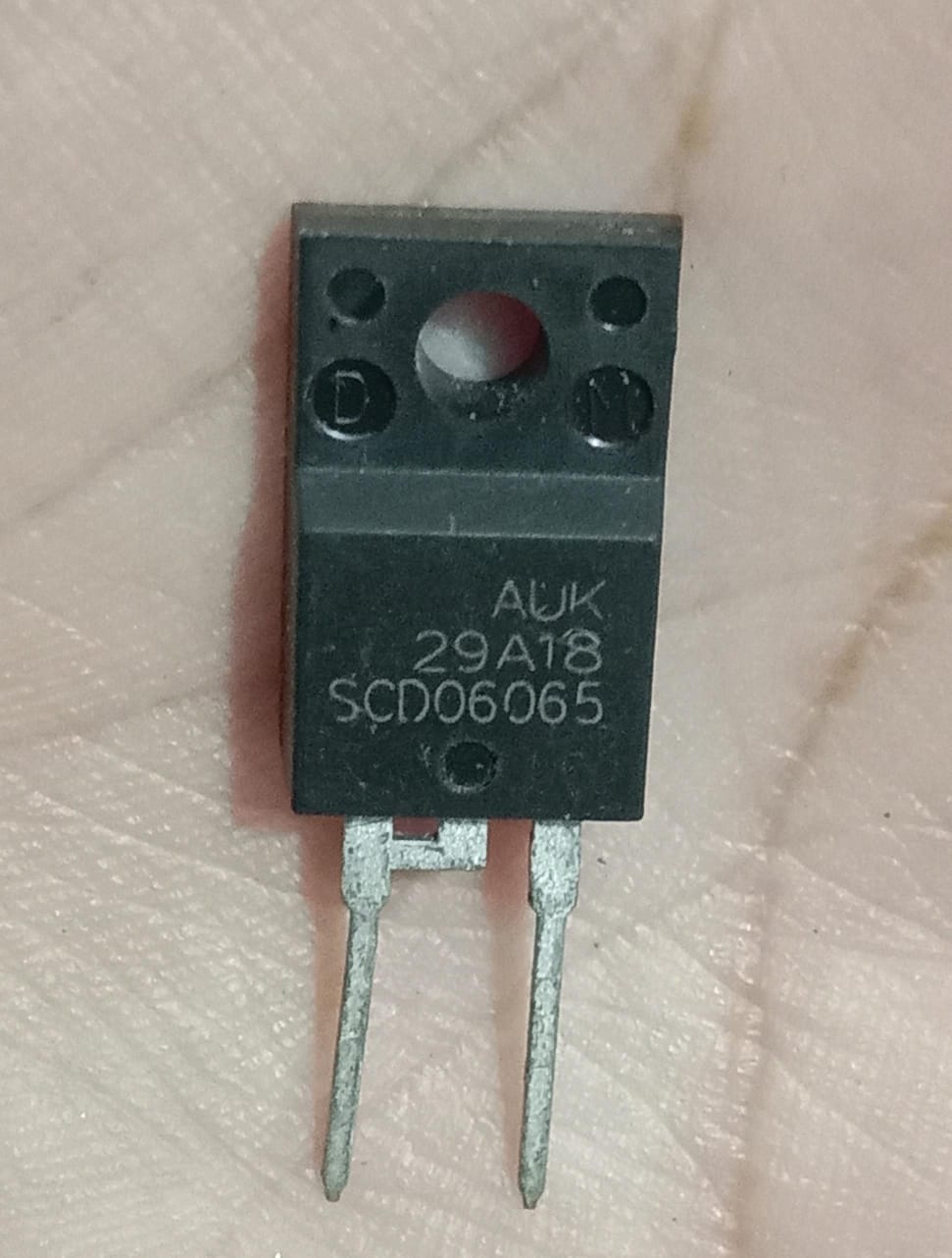 SCD06065 650V 6A SiC Schottky Diode (TO-220-2) - a black two-pin electronic component in a TO-220-2 package with AUK 29A18 SCD06065 printed on its face.