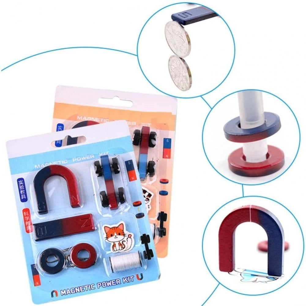 Science Magnets Set for Kids | Educational Classroom Experiment Kit - two blister packs containing horseshoe and bar magnets, ring magnets, and toy cars, with circular insets showing usage.