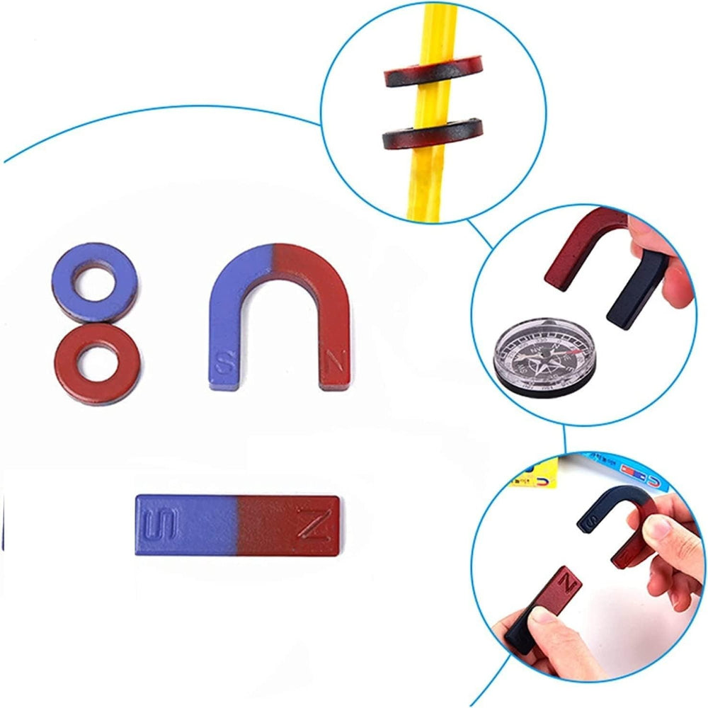 Science Magnets Set for Kids | Educational Classroom Experiment Kit - ring, horseshoe, and bar magnets, a compass, and hands demonstrating magnetic attraction and repulsion.