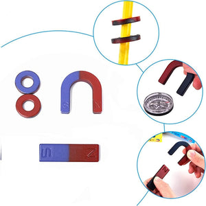Science Magnets Set for Kids | Educational Classroom Experiment Kit - ring, horseshoe, and bar magnets, a compass, and hands demonstrating magnetic attraction and repulsion.