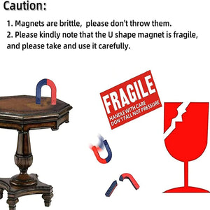 Science Magnets Set for Kids | Educational Classroom Experiment Kit - a cautionary infographic about the fragility of the U-shaped magnet with illustrations of a broken magnet.
