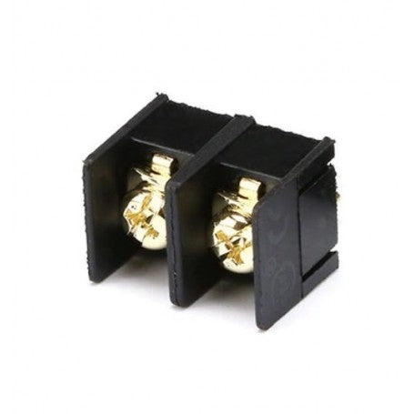 SCREW PCB TERMINAL, KF1000, 2P - shown as a close-up of a black, two-position terminal block with two gold-colored metal screws.