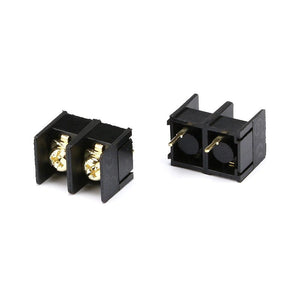 SCREW PCB TERMINAL, KF1000, 2P - shown as two black plastic connector blocks, one displaying gold-colored screws and the other showing metal pins.