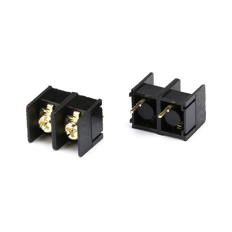 SCREW PCB TERMINAL, KF1000, 2P - shown as two black plastic connector blocks, one displaying gold-colored screws and the other showing metal pins.
