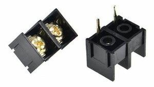 SCREW PCB TERMINAL, KF1000, 2P - shown as two black plastic connectors with two gold-colored metal screws and two metal pins for circuit board mounting.