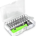 Screwdriver Repair Tool kit Mini Set for Opening and repairing Mobiles-7389C-32PCS - a clear plastic case containing a lime green handle and various metal screwdriver bits.