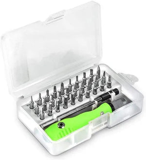 Screwdriver Repair Tool kit Mini Set for Opening and repairing Mobiles-7389C-32PCS - a clear plastic case containing a lime green handle and various metal screwdriver bits.