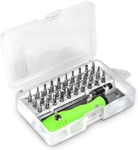 Screwdriver Repair Tool kit Mini Set for Opening and repairing Mobiles-7389C-32PCS - a clear plastic case containing a lime green handle and various metal screwdriver bits.