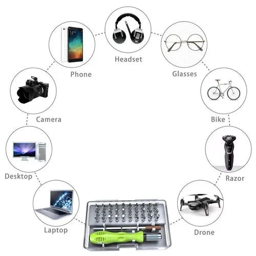 Screwdriver Repair Tool kit Mini Set for Opening and repairing Mobiles-7389C-32PCS - a green handle screwdriver and bits in a case with device icons.