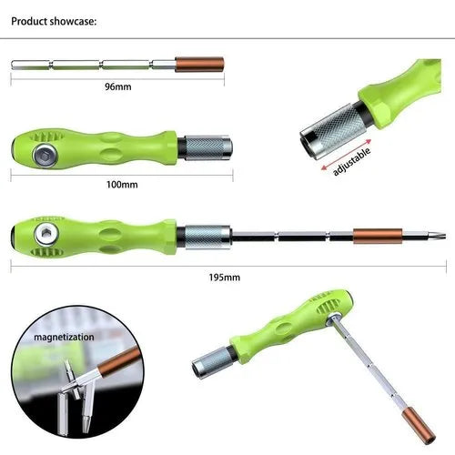 Screwdriver Repair Tool kit Mini Set for Opening and repairing Mobiles-7389C-32PCS - a green handle, an adjustable metal shaft, and a diagram illustrating dimensions and magnetic tip function.