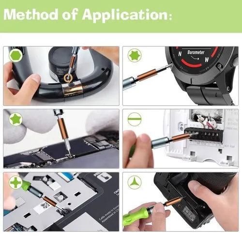 Screwdriver Repair Tool kit Mini Set for Opening and repairing Mobiles-7389C-32PCS - a collage of six close-up images demonstrating the tool being used on various electronic devices.