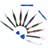 Screwpro 1688 Multimaster Screwdriver Kit - an assortment of colorful precision screwdrivers, plastic prying tools, tweezers, and triangular picks.