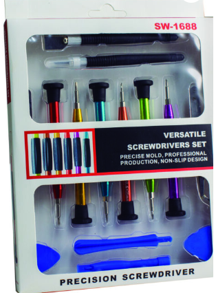 Screwpro 1688 Multimaster Screwdriver Kit - a set of six colourful precision screwdrivers, two black handled tools, and blue pry tools.