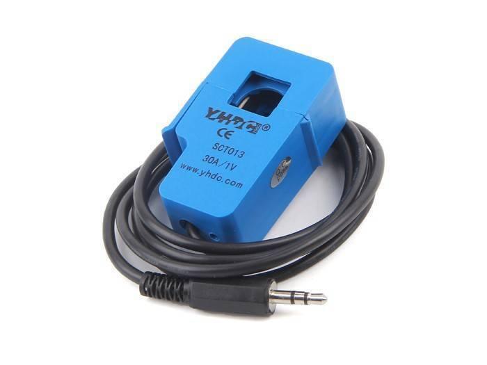 Sct-013-030 Non-invasive AC Current Sensor Clamp Sensor 30A - a blue split-core clamp sensor with an attached black cable ending in a 3.5mm audio jack connector.