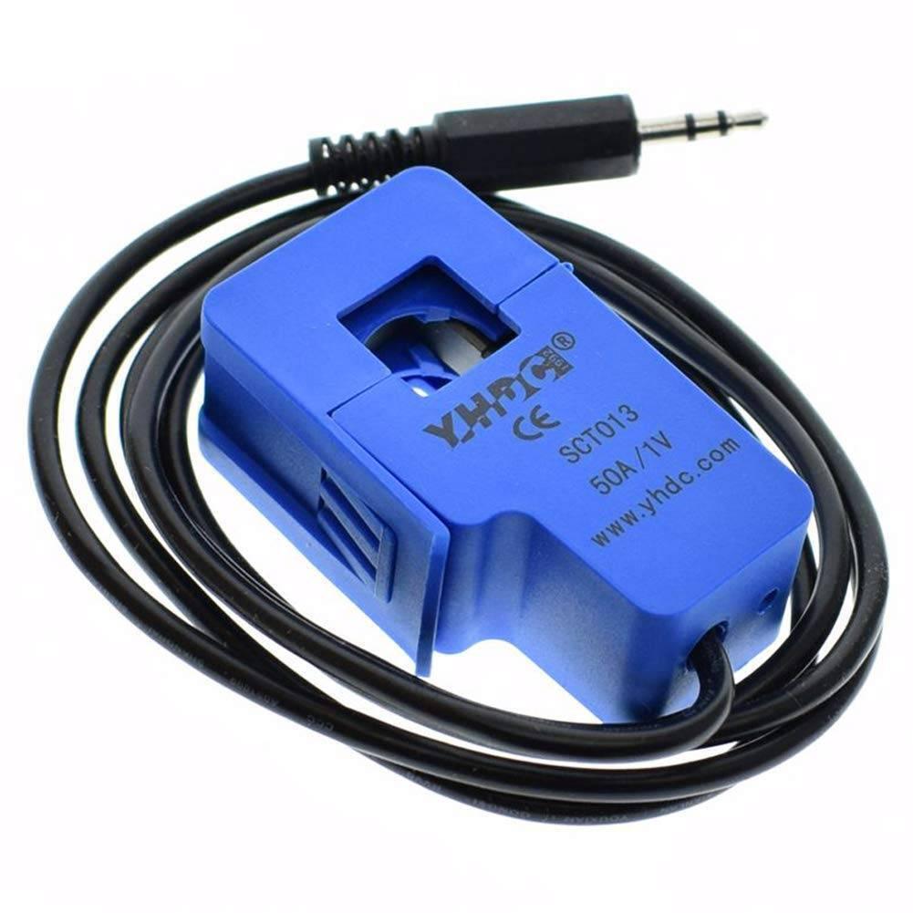 Sct-013-050 50A Non-invasive AC Current Sensor Split-core Current Transformer For Arduino Raspberry Pi - a blue split-core transformer with a black cable ending in a 3.5mm audio jack connector.