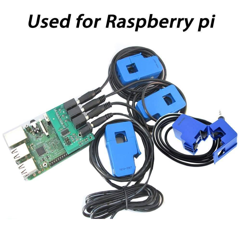 Sct-013-050 50A Non-invasive AC Current Sensor Split-core Current Transformer For Arduino Raspberry Pi - a green Raspberry Pi board connected to four blue split-core current transformers via 3.5mm jacks.