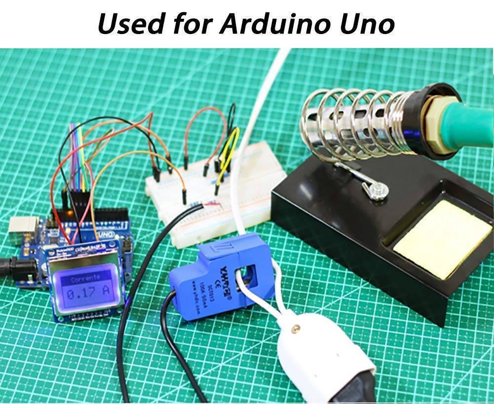 Sct-013-050 50A Non-invasive AC Current Sensor Split-core Current Transformer For Arduino Raspberry Pi - with an LCD displaying 0.17 A while measuring a soldering iron.
