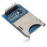 SD Card Reading Writing Module For Arduino - a blue circuit board with a metal SD card slot, a header connector, and labeled pins on a white background.