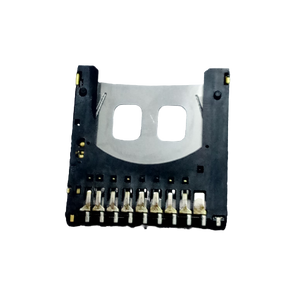 SD memory card slot card - a black plastic connector component with a silver metal top plate and a row of gold-coloured contact pins at the base.